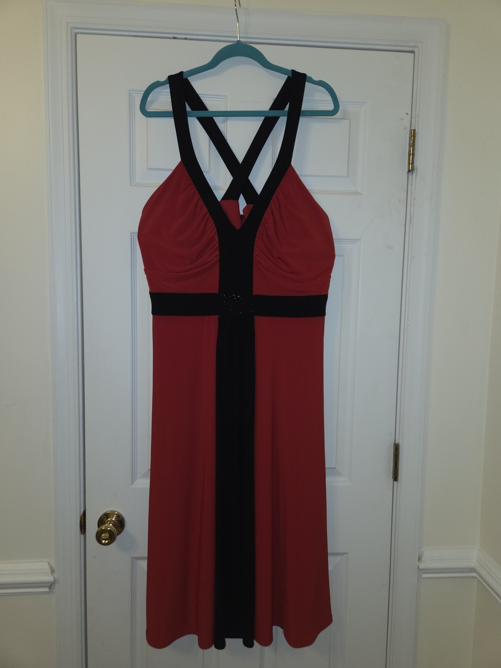 dressbarn Red Midi Dress with Black Contrast Trim